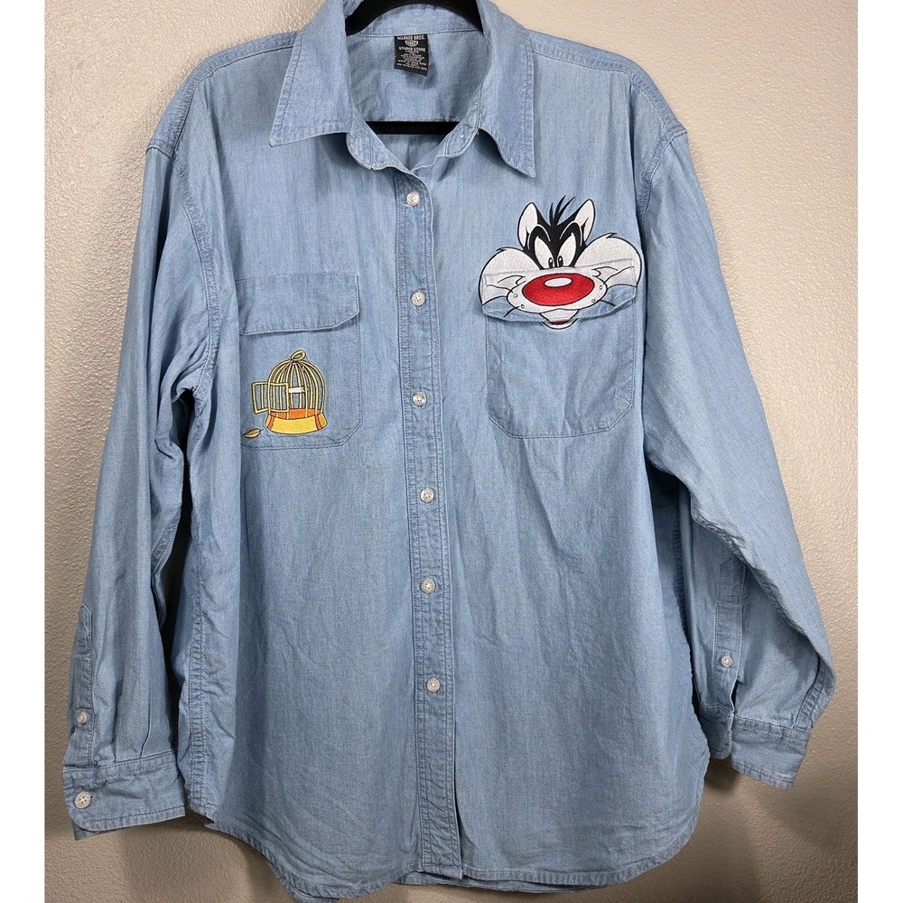 Vintage Warner Bros Studio Store Sylvester Pocket Chambray Button Front Shirt XL